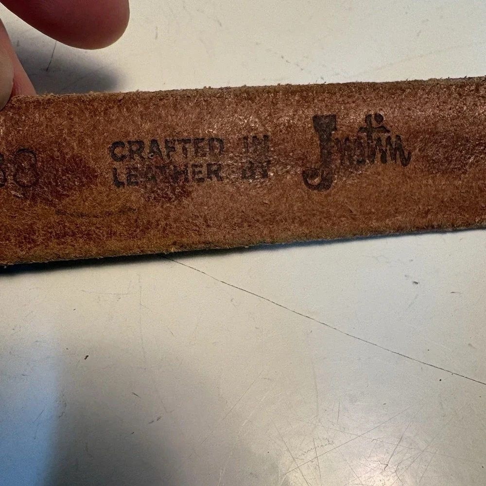 Vintage Justin Western Leather Belt Brass Buckle Sz 38 